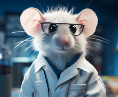 Photo of mouse in lab coat for fibromyalgia research study.