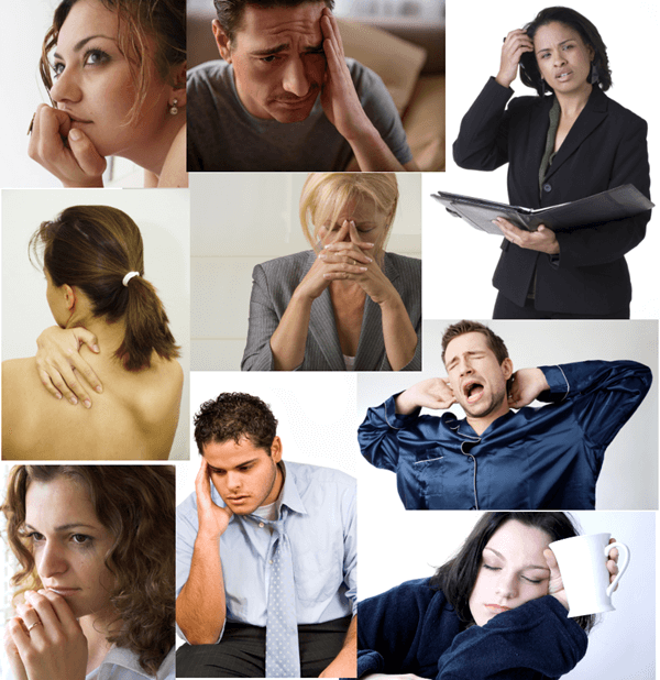 Photos depicting a variety of common fibromyalgia symptoms, such as muscle pain, fatigue, sleepiness, fibrofog, and headaches.