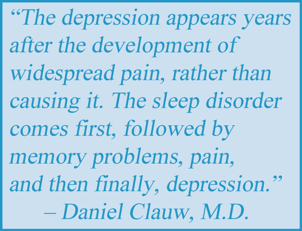 Pull quote stating that the symptoms of fibromyalgia occur years before the development of depression.